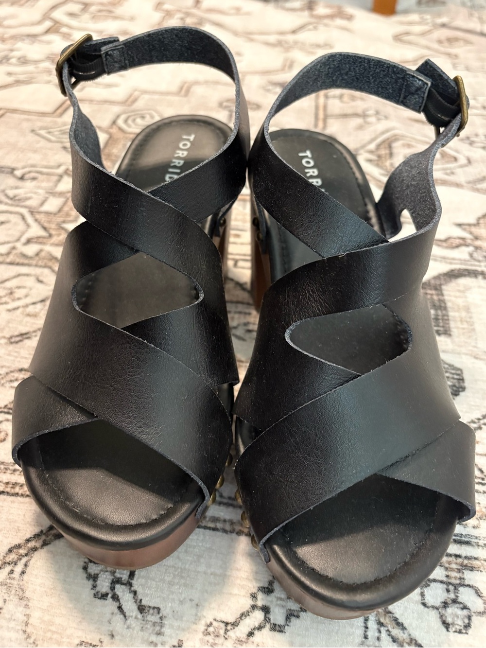 torrid Black Faux Leather Platform Sandals with Brown Wood-Effect Heel - Picture 2 of 9